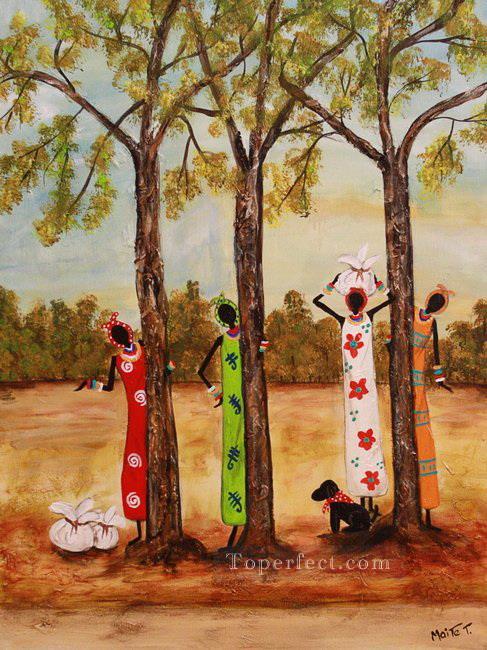 アフリカの木の近くの黒人女性油絵